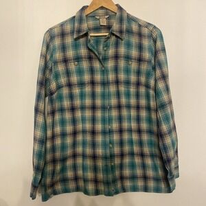 Duluth Trading Co Women Flannel Button Down Medium Green Navy Plaid